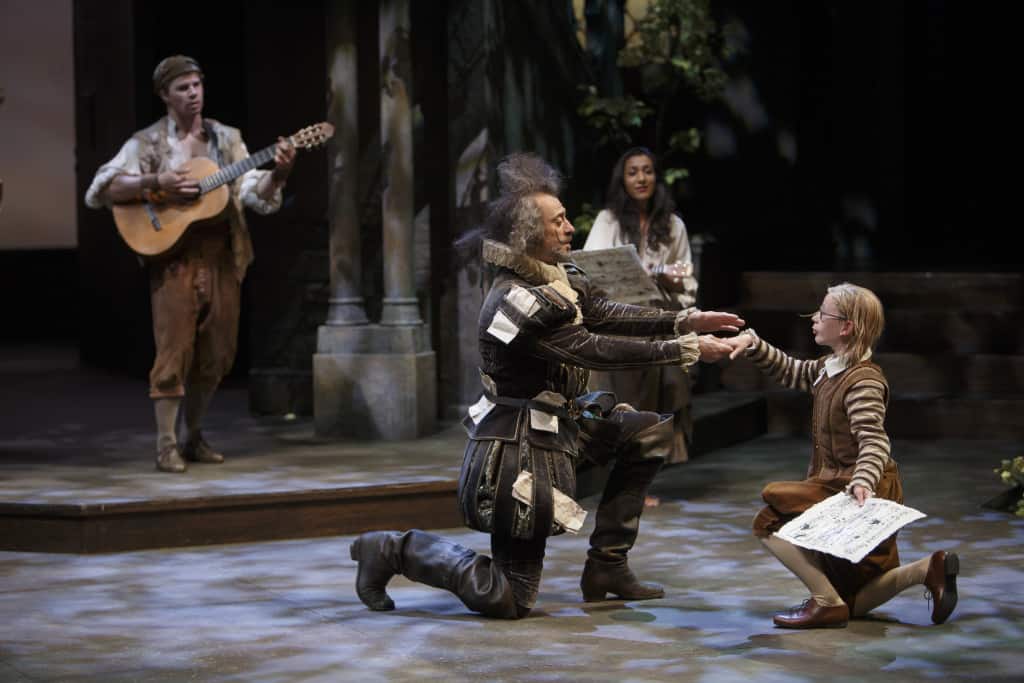 Juan Chioran as Don Adriano de Armado (left) and Gabriel Long as Moth (Josh Johnston and Shruti Kothari as Servants to Armado, background) in Love’s Labour’s Lost through Oct 9, 2015 at Stratford Festival in Stratford, Ontario, Canada. Photo credit: David Hou courtesy of The Stratford Festival