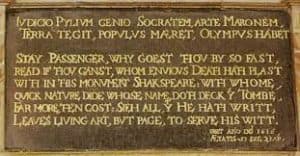 The Inscription on the Shakespeare Monument. The first two lines, in Latin, are the subject of this article.