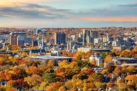 New Haven city downtown skyline cityscape of Connecticut, USA in autumn
