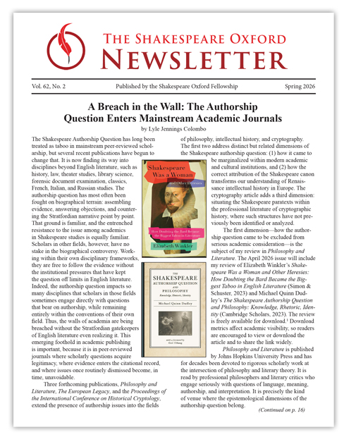 Shakespeare Oxford Fellowship Newsletter Spring 2026